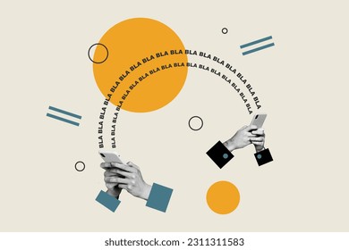 Artwork design collage picture of two person communicate send not interesting information chatterbox isolated on painting background - Shutterstock ID 2311311583