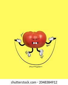 Artwork. Funny cute red tomato jumping rope isolated over yellow background. Drawn vegetables in a cartoon style. Vitamins, vegan. Concept of funny meme emotions, healthy active lifestyle concept - Shutterstock ID 2048384912