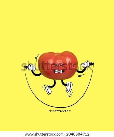 Artwork. Funny cute red tomato jumping rope isolated over yellow background. Drawn vegetables in a cartoon style. Vitamins, vegan. Concept of funny meme emotions, healthy active lifestyle concept