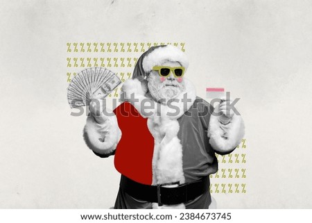Artwork magazine collage of cool funky santa buying cash christmas presents isolated grey color background