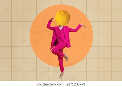 Artwork magazine collage of happy glamour girl lemon instead of head having fun isolated beige orange background