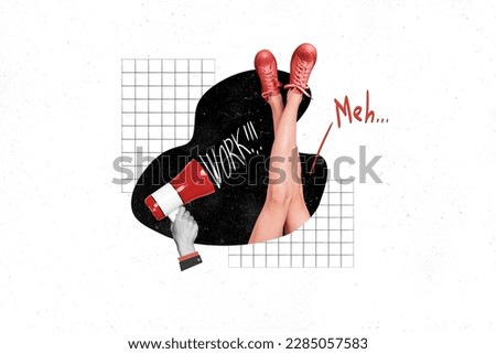 Artwork magazine collage picture of bullhorn trying waking up lazy lying lady legs isolated drawing background