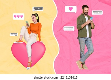 Artwork magazine collage picture of charming lady guy communicating modern devices isolated drawing background - Shutterstock ID 2243131615