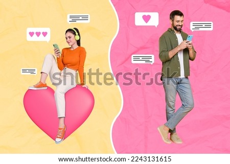 Artwork magazine collage picture of charming lady guy communicating modern devices isolated drawing background