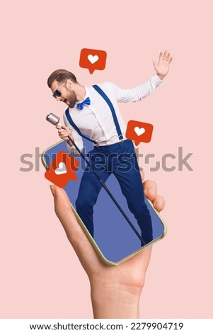 Artwork magazine collage picture of cool guy gentleman singing getting likes modern device isolated drawing background