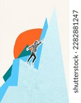 Artwork magazine collage picture of excited confident guy achieving success rising hill top isolated drawing background