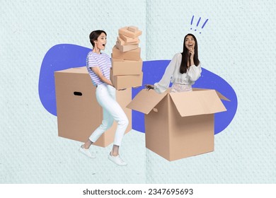 Artwork magazine collage picture of excited ladies holding packing boxes isolated drawing background - Powered by Shutterstock