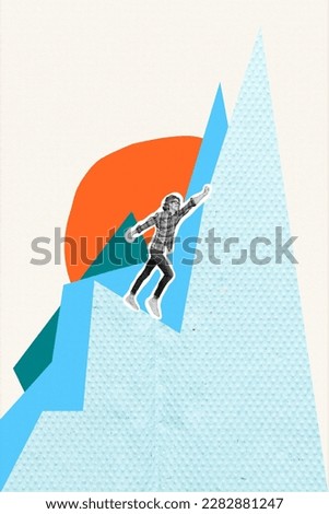 Artwork magazine collage picture of excited confident guy achieving success rising hill top isolated drawing background