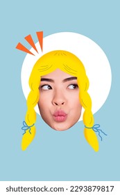 Artwork magazine collage picture flirty funny lady head sending kiss isolated blue color background