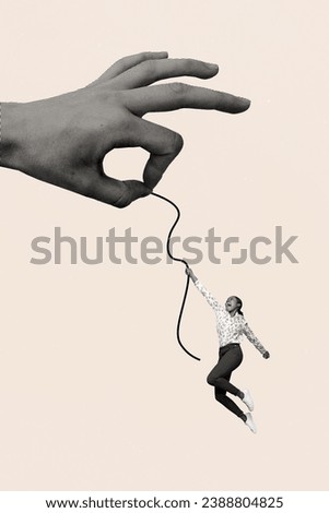 Artwork magazine collage picture of funky lady hanging on long string human hand holding her last chance isolated over beige background