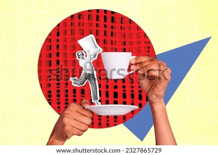 Artwork magazine collage picture of funny funky lady rising pillow enjoying morning coffee isolated drawing background