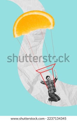 Artwork magazine collage picture of happy smiling funny guy flying orange parachute isolated drawing background