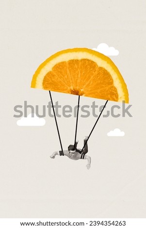 Artwork magazine collage picture of happy funny young guy flying parachute orange slice fruit in sky isolated on gray color background