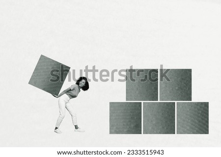 Artwork magazine collage picture of strong lady building big pyramid isolated drawing white color background
