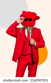 Artwork Magazine Collage Of Red Rose Head Guy Wear Tux Dark Glasses Isolated Beige Color Background