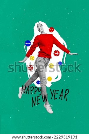 Artwork magazine picture of charming dreamy lady x-mas balls hanging long hair walking isolated drawing background