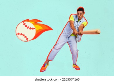 Artwork Magazine Picture Of Cool Guy Playing Baseball Hard Flaming Ball Isolated Drawing Teal Turquoise Background