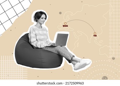Artwork magazine picture of funny cheerful girl sitting bean bag distance working modern device isolated painted beige background