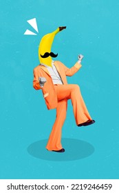 Artwork magazine picture of funny funky crazy guy banana instead of head rising fists isolated drawing background - Shutterstock ID 2219246459