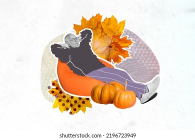 Artwork magazine picture happy smiling man having rest hands behind head picking fall plants isolated drawing background