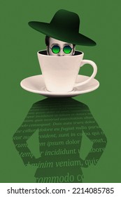 Artwork Magazine Picture Of Mystery Man Hiding Inside Tea Cup Looking You Isolated Green Drawing Background