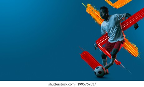 Artwork. Modern design. Young african man, soccer footbal player with ball training in neon light on blue background. Watercolor paints. Concept of sport, game, action. Copyspace for ad. flyer