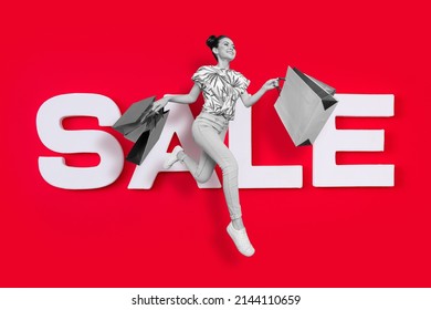 Artwork photo illustration of shopaholic girl running in open air up running with many bags spree big sale concept isolated red color background - Powered by Shutterstock