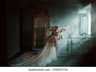 Artwork Photo. Image Gothic Queen. Black Orange Monarch Butterflies. Dark Room Of Castle, Golden Throne, Magic Sun Rays From Window. Creative Dress Long Train Peach Silk Skirt. Glamour Fantasy Woman