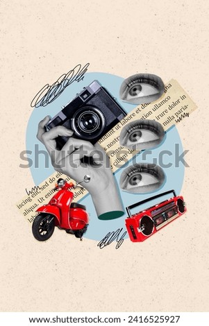 Artwork picture collage of vintage concept hands holding old photocamera tourist ride motorbike and listen boombox over beige background