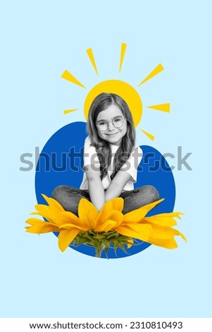 Artwork picture image collage poster of adorable lovely girl sitting big flower dream carefree childhood without war russian terrorism