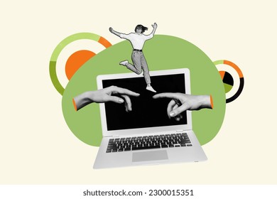 Artwork picture image sketch 3d poster collage of excited smiling girl running monitor display two human arms touch on painting background - Powered by Shutterstock