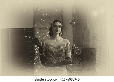 Artwork Portrait beauty young sexy woman. photo black and white. Mouthpiece cigarette in hand. carnival vintage party. Adult lady with finger wave hairstyle in dress retro vogue fashion old style 1920