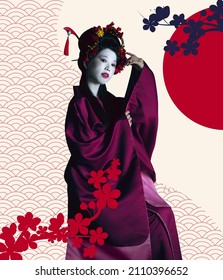 Artwork. Young japanese woman as geisha isolated on absract colorful background. Japanese style, contemporary art collage, Beautiful female model. Eastern culture. Beauty, fashion, art