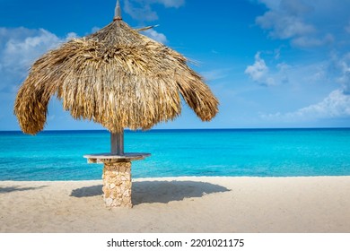 Aruba Idyllic Caribbean Beach At Sunny Day With Rustic Palapa, Dutch Antilles