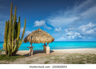 Aruba Idyllic Caribbean Beach At Sunny Day With Rustic Palapa, Dutch Antilles