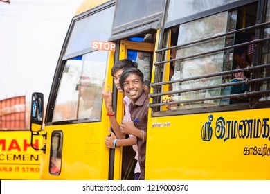 Arunachala In Tiruvannamalai, Tamil Nadu, India, January 27, 2018: Young Students In The Bus Going To School