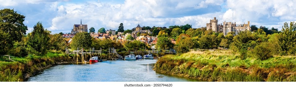 Arundel skyline with medieval Arundel castle,  Cathedral of Our Lady and St Philip Howard and old houses in Arundel, Sussex, England, UK