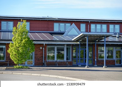 Asa, Sweden - May 12th, 2019: Solar Panel Electric Generator Roof In School Building