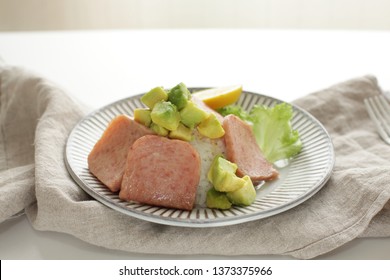 Asain Food, Luncheon Meat And Avocado On Rice