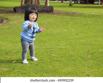 An Asain Toddler Is On Her Training To Walk In The Park