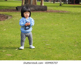 An Asain Toddler Is Standing In The Park, Ready For Her Playtime