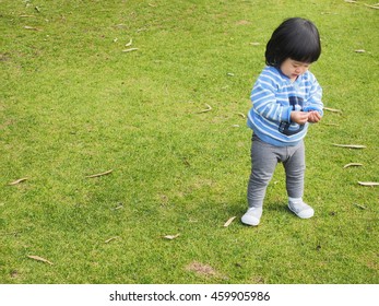 An Asain Toddler Is Standing In The Park, Ready For Her Playtime