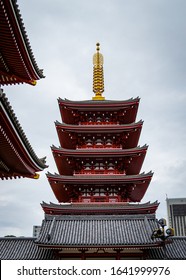 Asakusa, Tokyo, Japan - October 16, 2018: Detail of the famous five storey pagoda of Sensoji (Sensō-ji) Temple, Tokyo's oldest Buddhist temple and a popular tourist attraction.