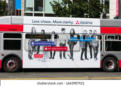 Asana Advertisement On MUNI Bus Exterior Is Building Brand Awareness.. Asana Is An Application Designed To Help Teams Organize, Track, And Manage Work - San Francisco, CA, USA - 2020