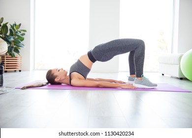 Asana stand on legs concept. Side profile full length size view photo of beautiful sexy with perfect ideal body lady wearing gray leggings and top for gym doing exercise for backbone