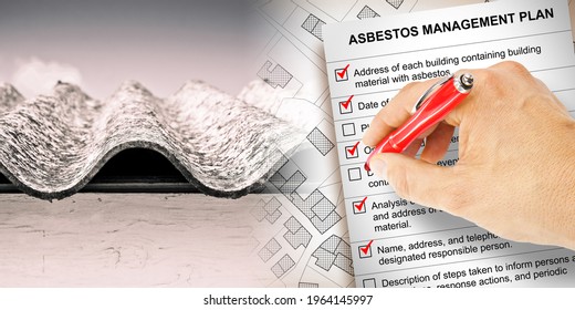 Asbestos Management Plan - one of the most dangerous materials in the construction industry so-called hidden killer - concept with a dangerous asbestos roof and checklist