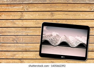 Asbestos roof: one of the most dangerous materials in the construction industry - Concept image with 3D render of a digital tablet on wooden background
