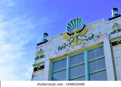 Asbury Park Building With Seashells On Top Of. Art Deco Style