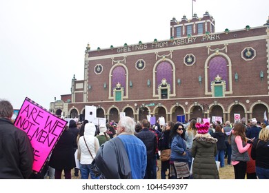 Asbury Park, NJ - January 21, 2017: Women's March And Worldwide Protest; Protesters Congregate At Convention Hall (Asbury Park Boardwalk)