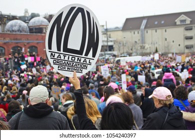 Asbury Park, NJ - January 21, 2017: Women's March And Worldwide Protest; Marchers With NOW (National Organization For Women) Sign